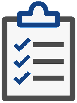 icon of a dark gray and blue clipboard with checklist